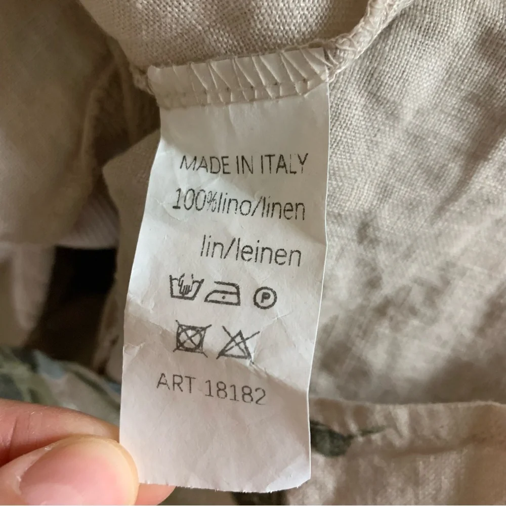Italian Ribbed Beige Blue Floral Linen Dress Medium Artisanal Boho‎ Resort Style